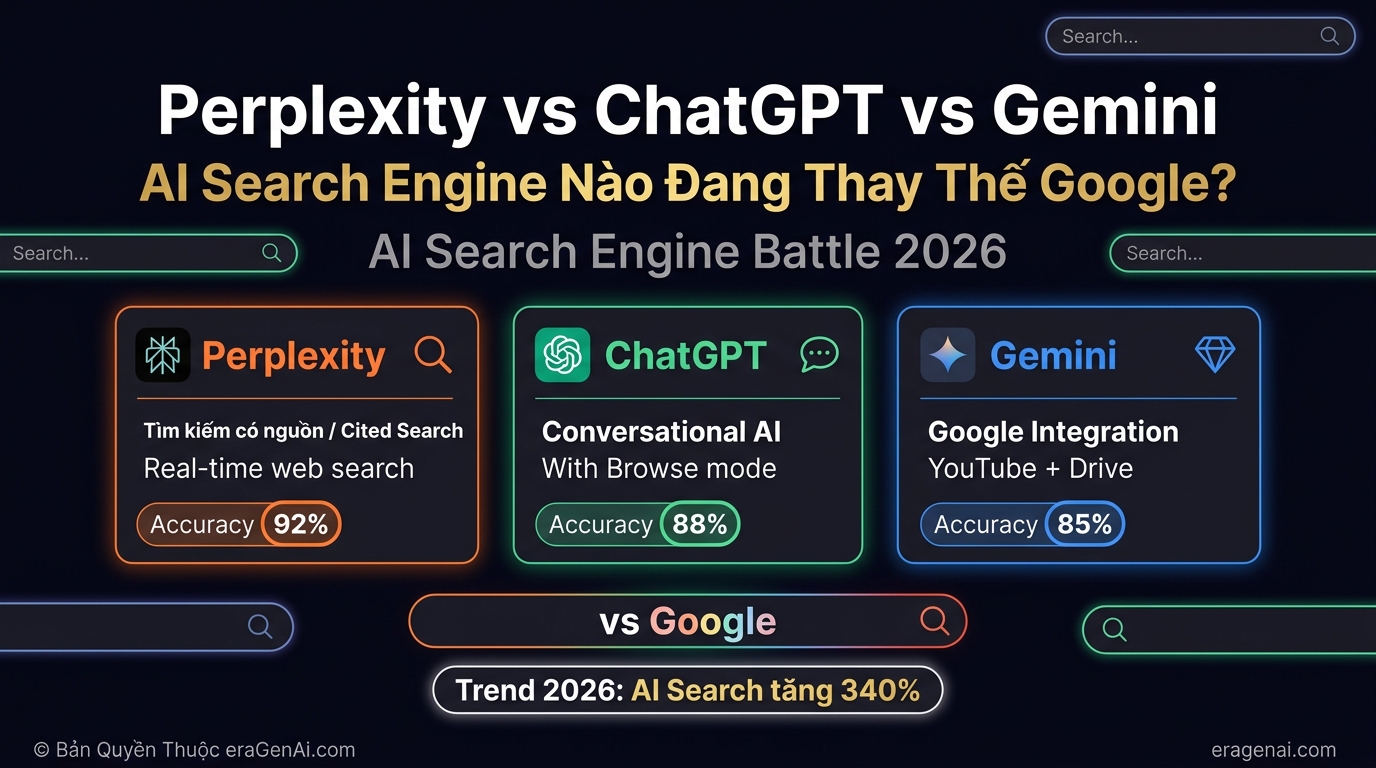 [Infographic] Perplexity vs ChatGPT vs Gemini: So Sanh AI Search Engine The He Moi 2026