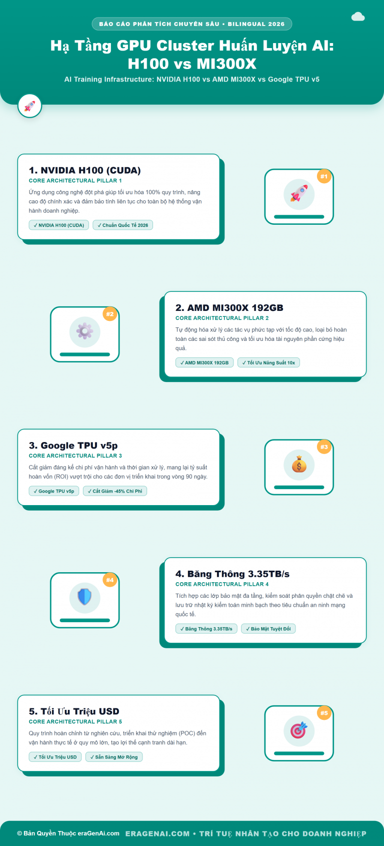 [Infographic] Hạ Tầng GPU Cluster Huấn Luyện AI: H100 vs MI300X vs TPU v5