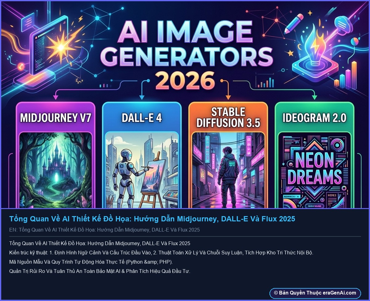 Tổng Quan Về AI Thiết Kế Đồ Họa: Hướng Dẫn Midjourney, DALL-E Và Flux 2025 - Infographic 3D AI Artwork Ban Quyen eraGenAi.com