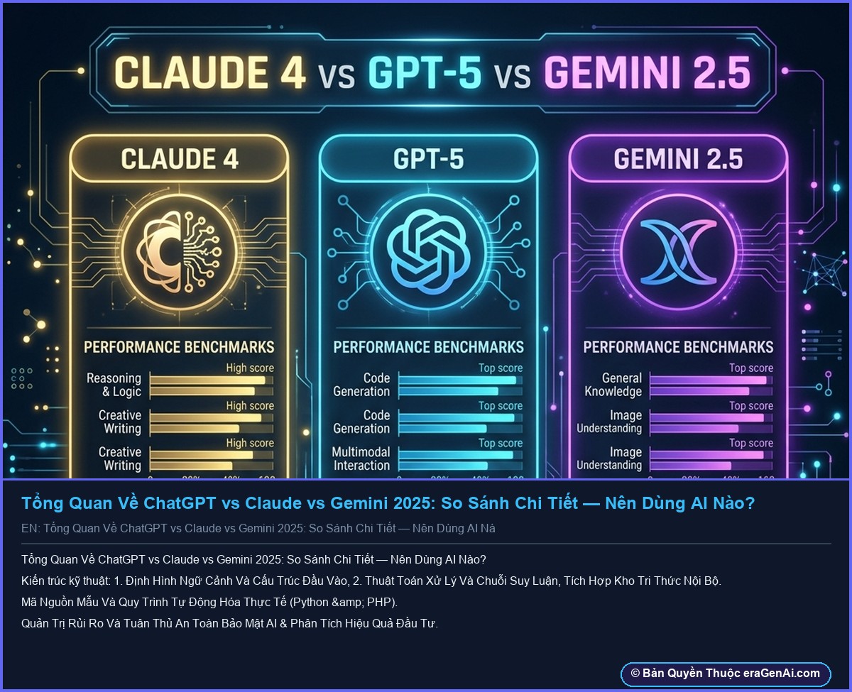 Tổng Quan Về ChatGPT vs Claude vs Gemini 2025: So Sánh Chi Tiết — Nên Dùng AI Nào? - Infographic 3D AI Artwork Ban Quyen eraGenAi.com