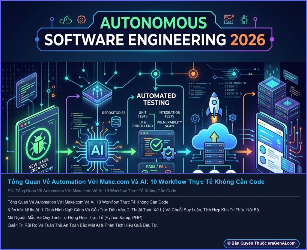 Tổng Quan Về Automation Với Make.com Và AI: 10 Workflow Thực Tế Không Cần Code - Infographic 3D AI Artwork Ban Quyen eraGenAi.com