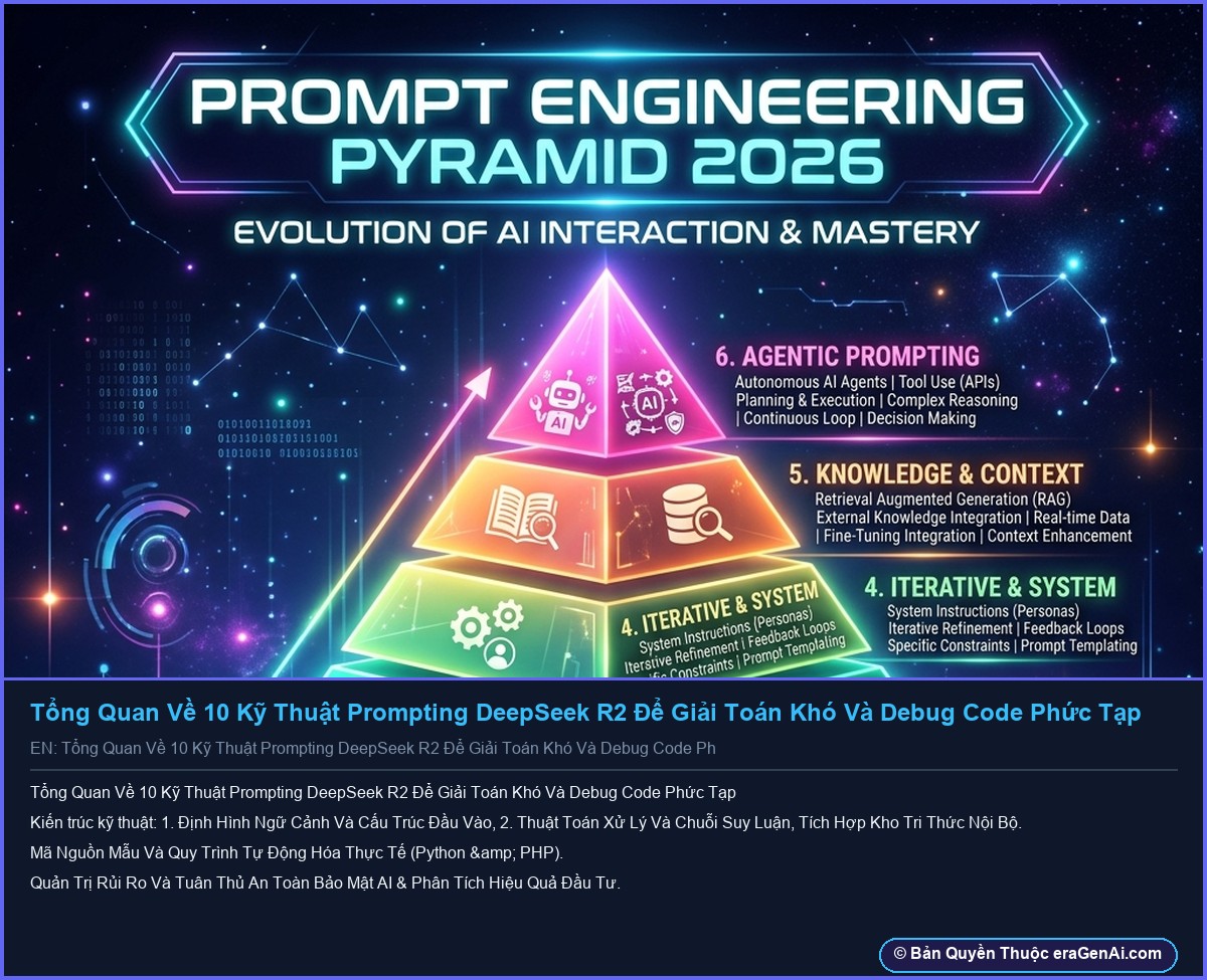Tổng Quan Về 10 Kỹ Thuật Prompting DeepSeek R2 Để Giải Toán Khó Và Debug Code Phức Tạp - Infographic 3D AI Artwork Ban Quyen eraGenAi.com